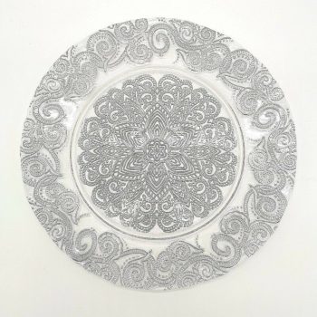 Lacy üvegből készült dísztányér ezüst színű csipkés díszítéssel, Ø 32 cm