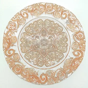 Lacy üvegből készült dísztányér rose gold színű csipkés díszítéssel, Ø 32 cm