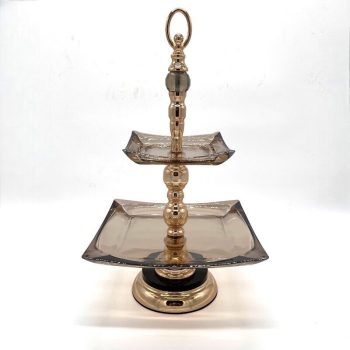 Emeletes kínáló, arany és füstüveg, 2 szintes