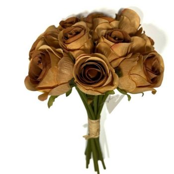 Rozsdabarna színű mű rózsacsokor, 12 szál, 25 cm