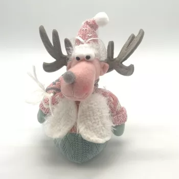   Rénszarvas figura, karácsonyfadísz, szövet - Rózsaszín-Zöld, 15 cm